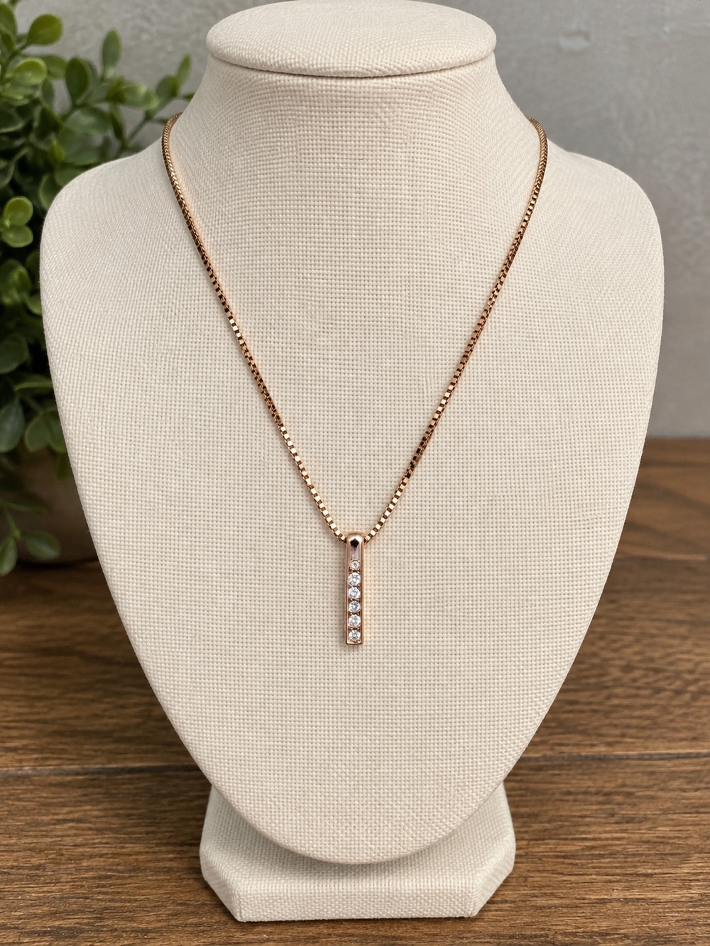 Rose Gold Tone Vertical Bar Necklace with Crystal Accents #8124